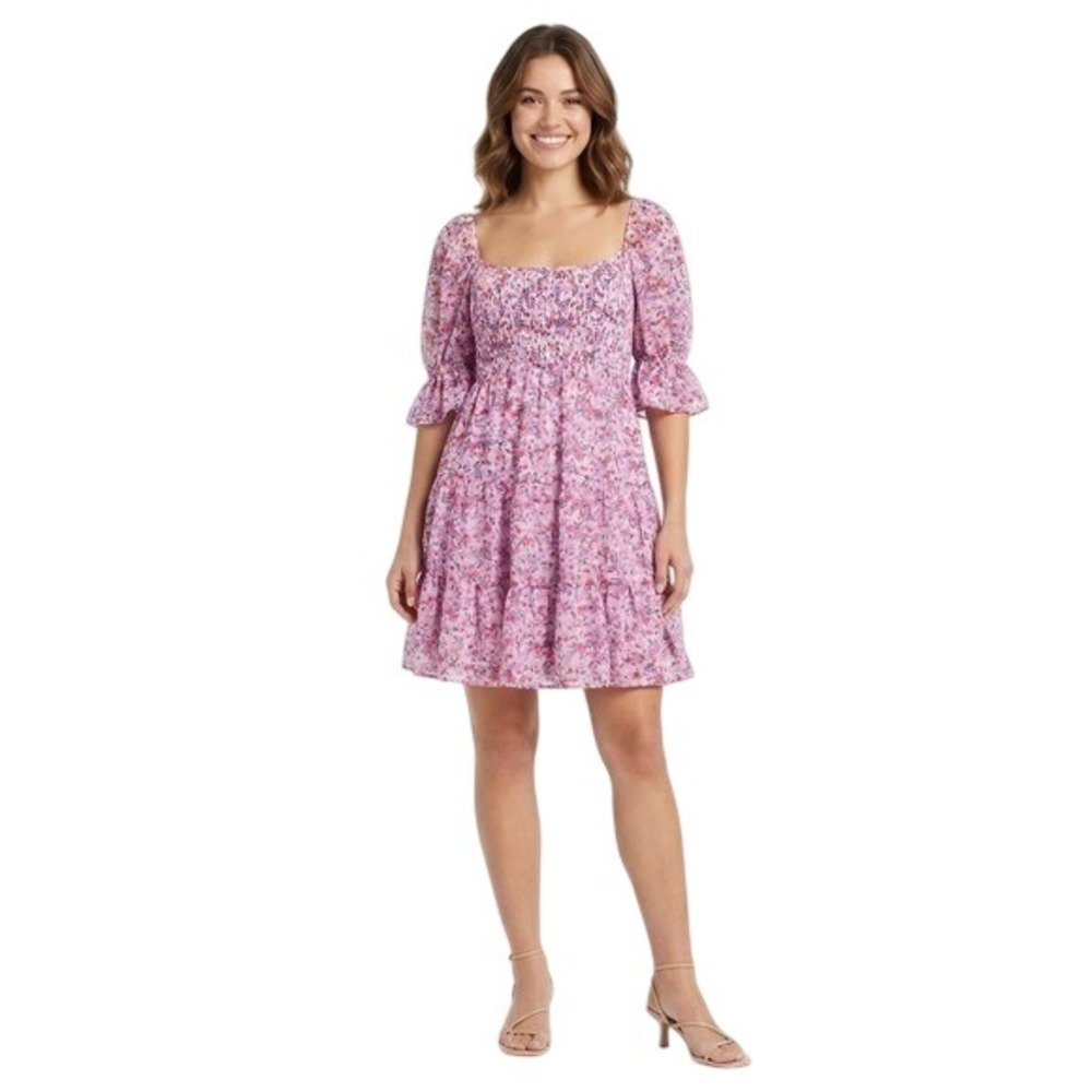 Olive & Leaf Rose Floral Smocked Dress Pink Purple Tiered Mini HD1627 Size Large